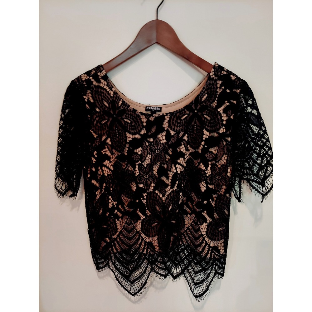 Express Womens Whimsigoth Black Floral Lace Nude Lining Short Sleeve Blouse M